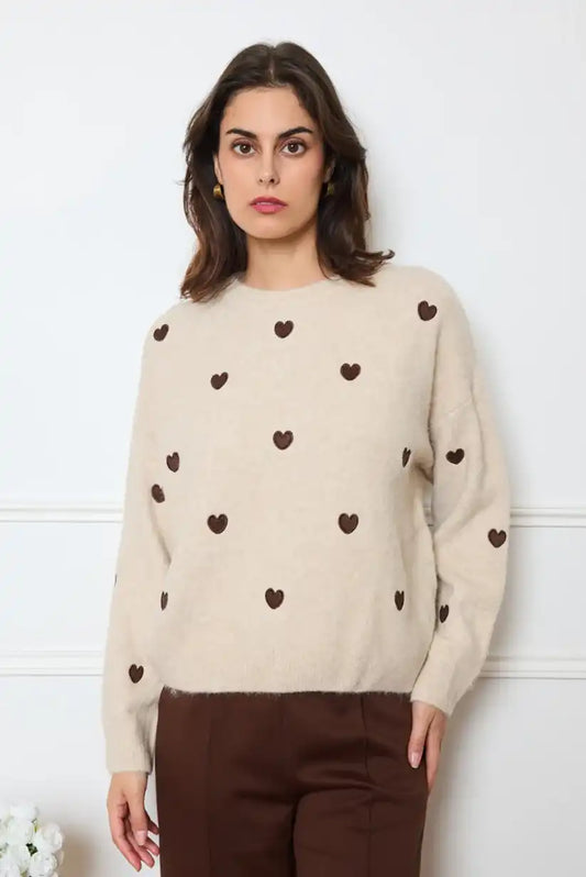 Jersey mujer beige corazones marrón chocolate - CHICA del Sur