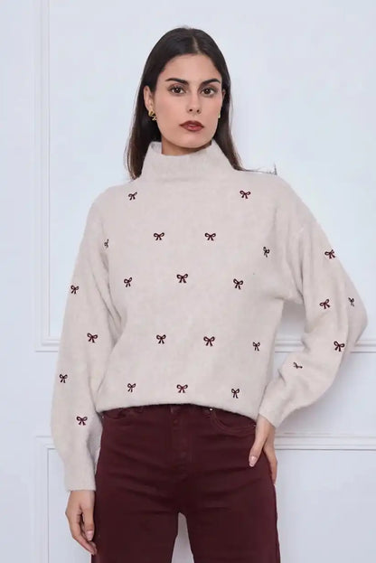 Jersey cuello alto mujer beige con lazos marrón chocolate - CHICA del Sur
