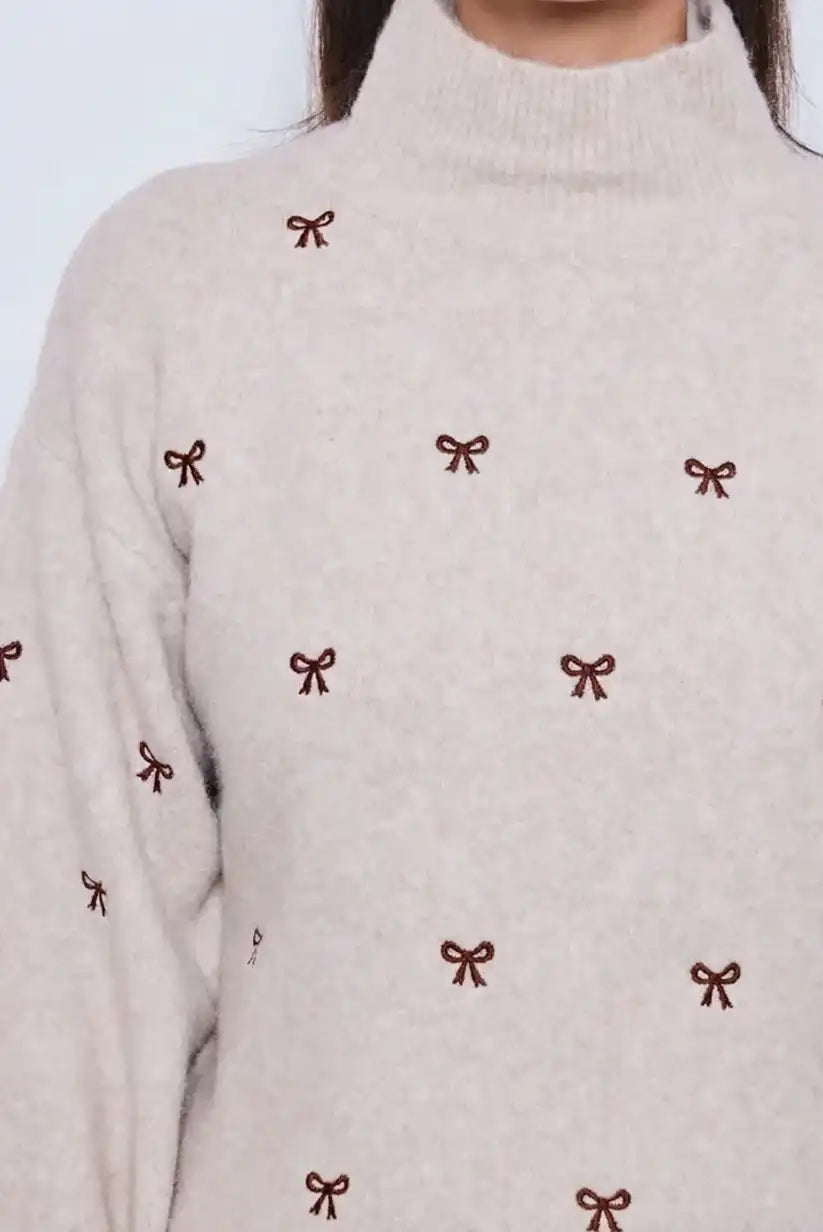 Jersey cuello alto mujer beige con lazos marrón chocolate - CHICA del Sur