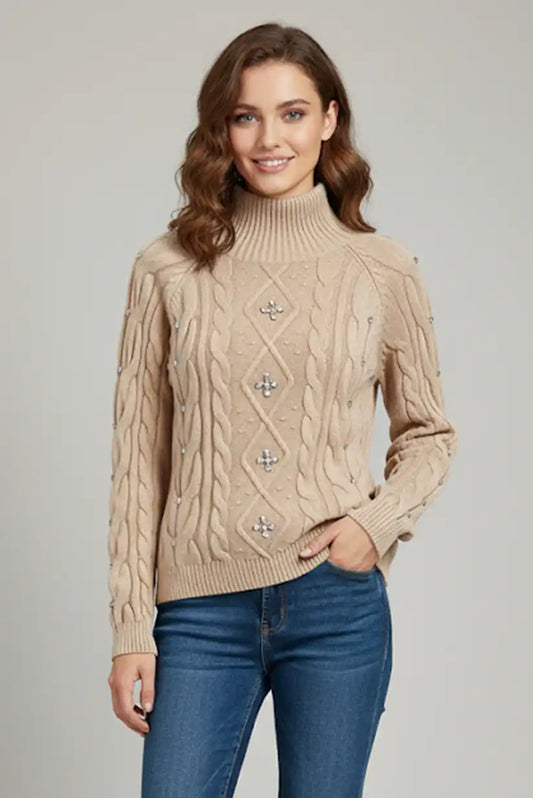 Jersey Mujer Beige con Brillantes Bordados Estilo Diamantes Única