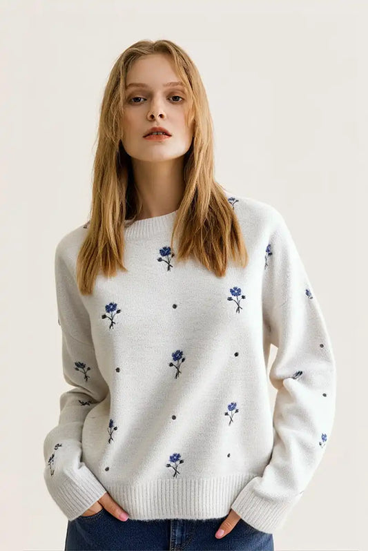 Jersey Mujer Beige Flores Azules Romántico Cálido Talla Única - CHICA del Sur