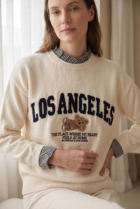 Jersey de Mujer Beige con Bordado Los Angeles y Osito