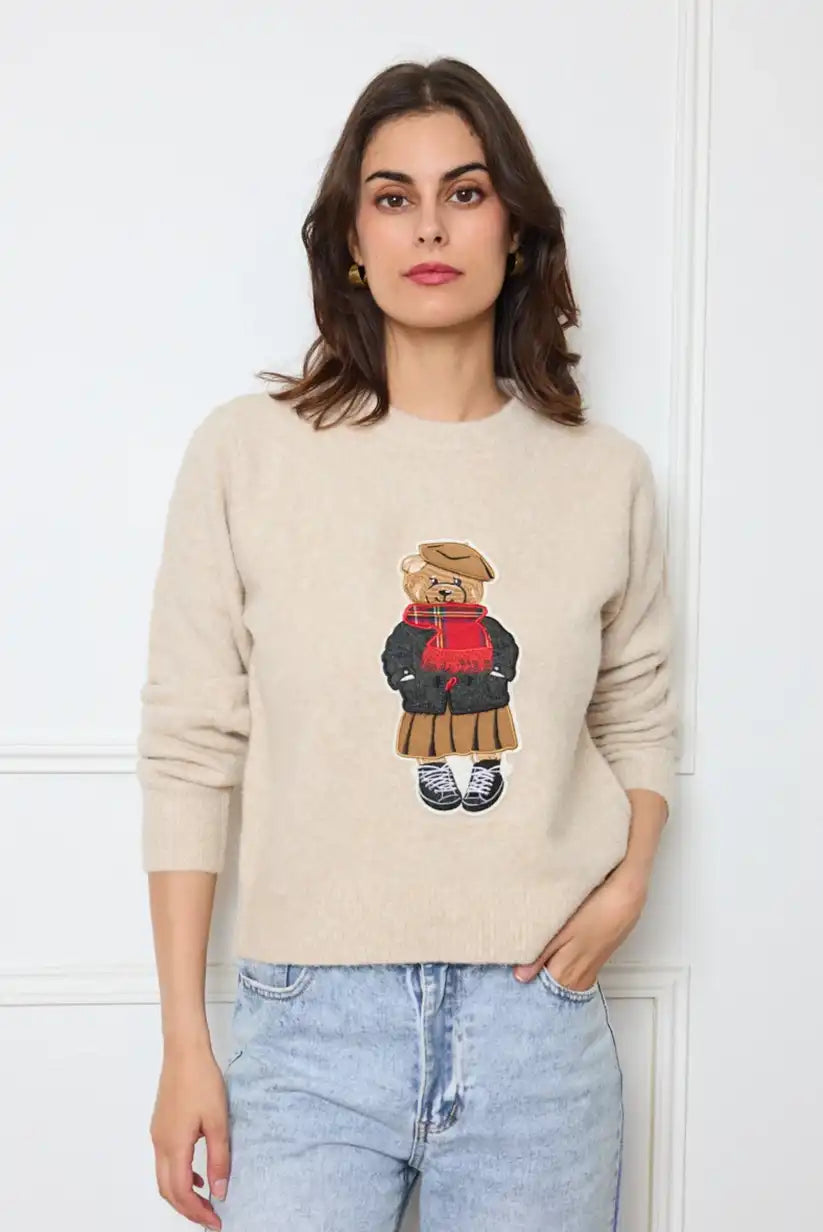 Jersey mujer beige con osito bordado - CHICA del Sur