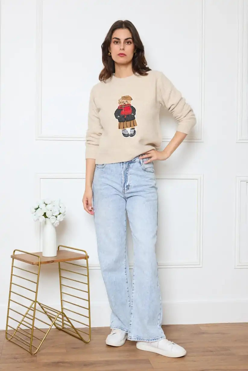 Jersey mujer beige con osito bordado - CHICA del Sur