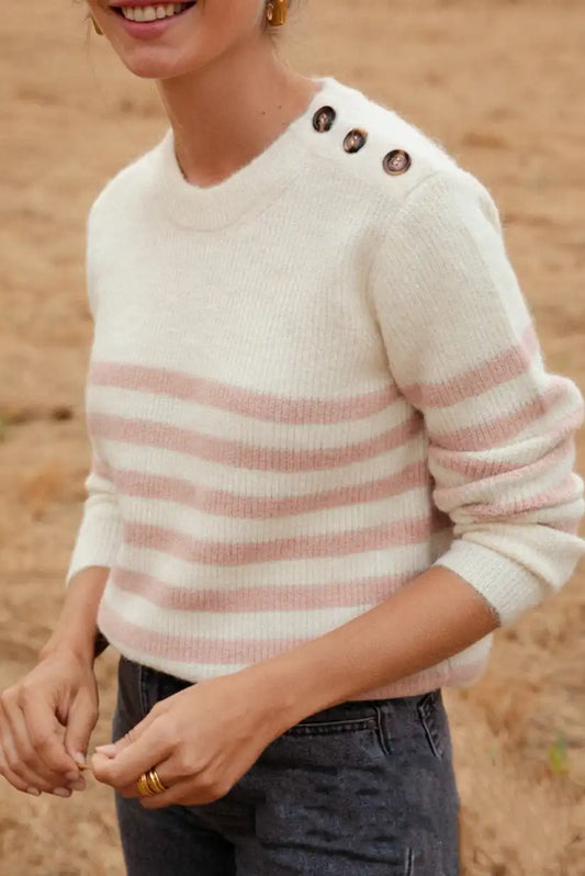 Jersey Mujer Beige Rayas Rosa Palo Talla S/M M/L Suave y Cálido