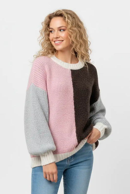Jersey Mujer Bicolor Rosa y Marrón Chocolate con Mangas Grises
