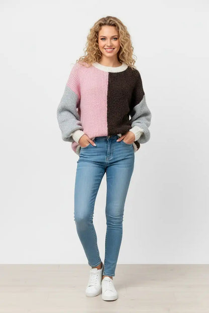 Jersey Mujer Bicolor Rosa y Marrón Chocolate con Mangas Grises - CHICA del Sur