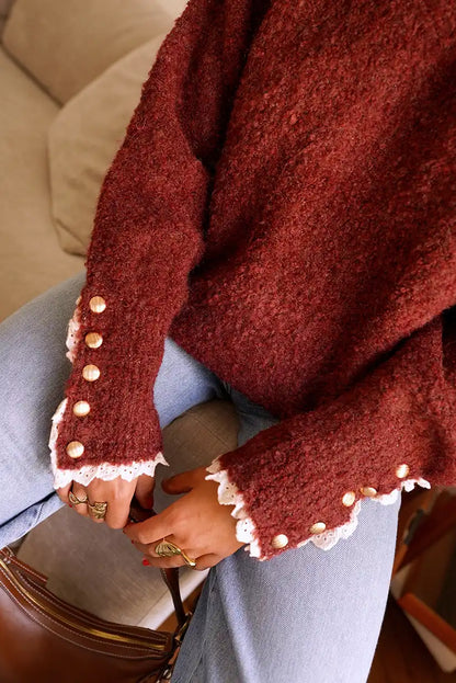 Jersey Burdeos Mujer con Encaje Blanco y Botones Dorados Elegante - CHICA del Sur