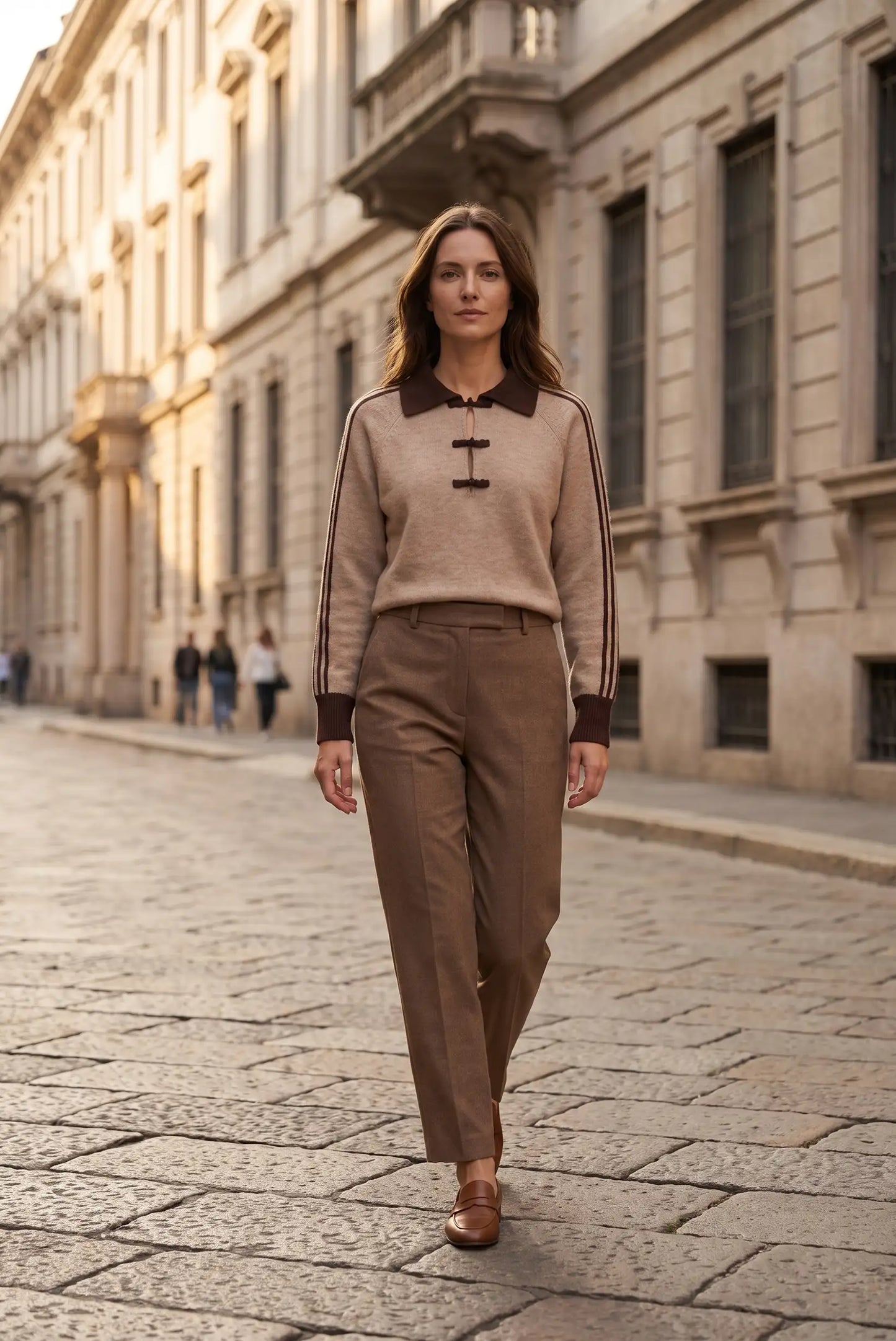 Mujer con jersey beige de cuello polo y pantalones marrones en calle empedrada