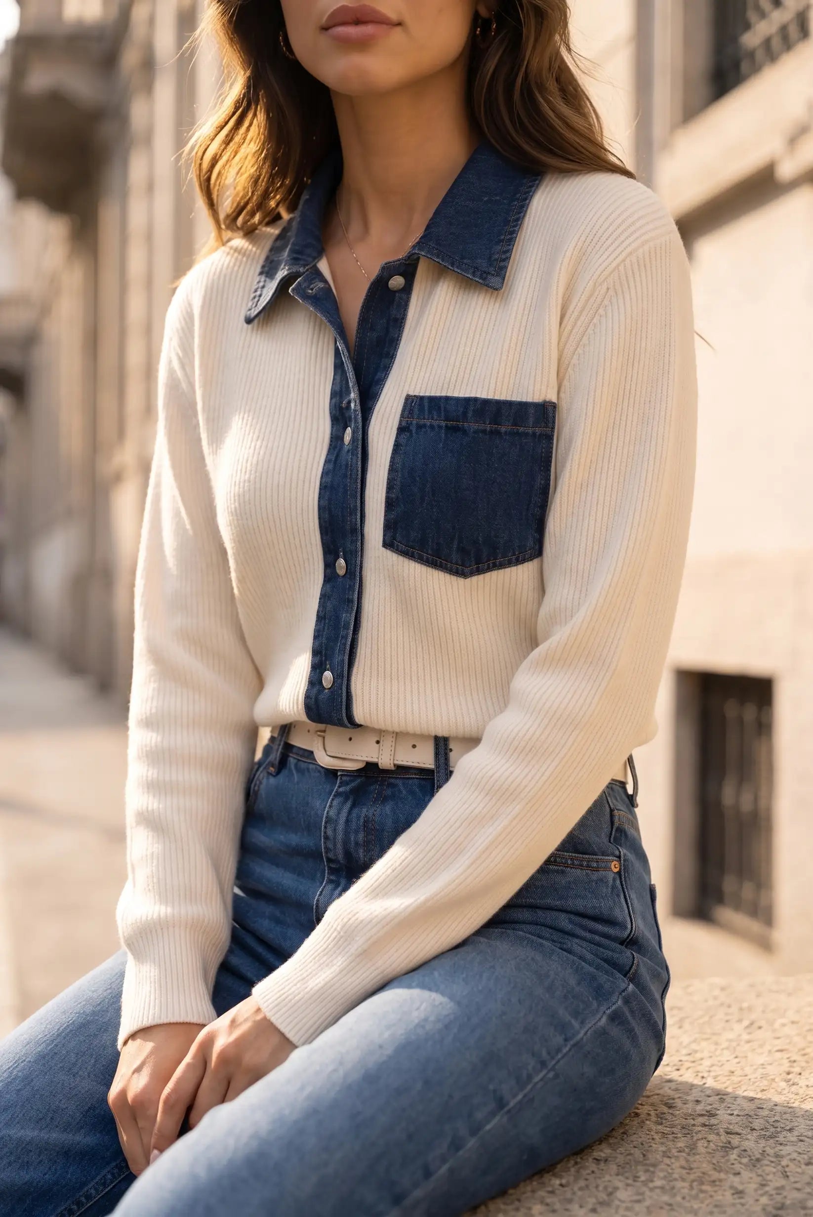 Mujer vistiendo un jersey blanco acanalado con detalles de denim y pantalones vaqueros.