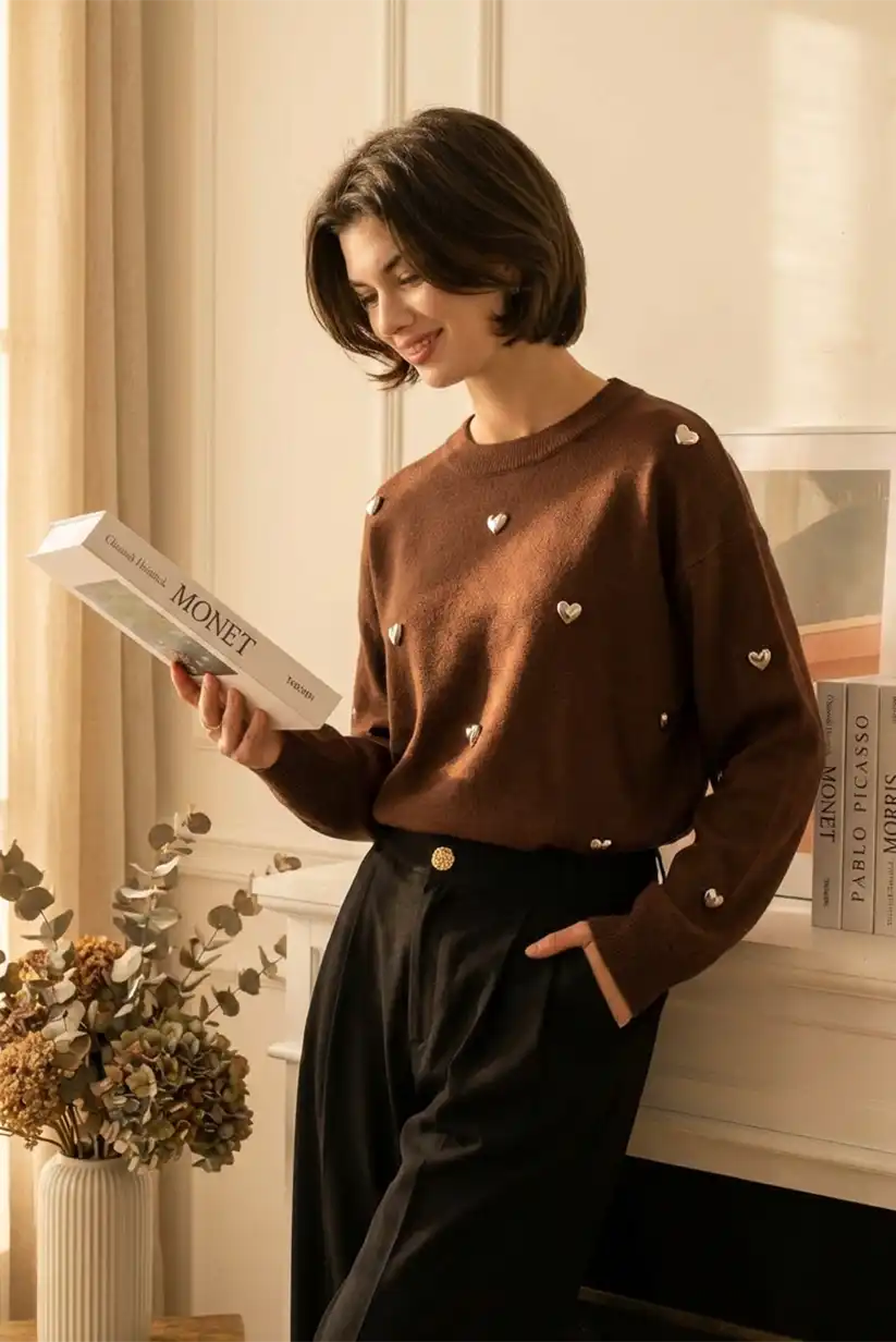 Jersey mujer marrón chocolate con corazones