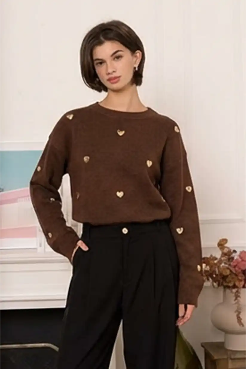 Jersey mujer marrón chocolate con corazones