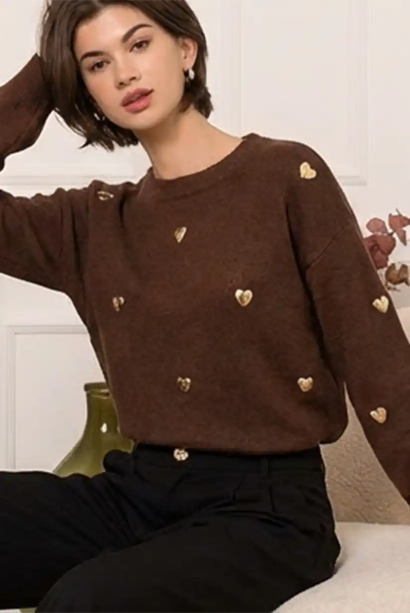 Jersey mujer marrón chocolate con corazones