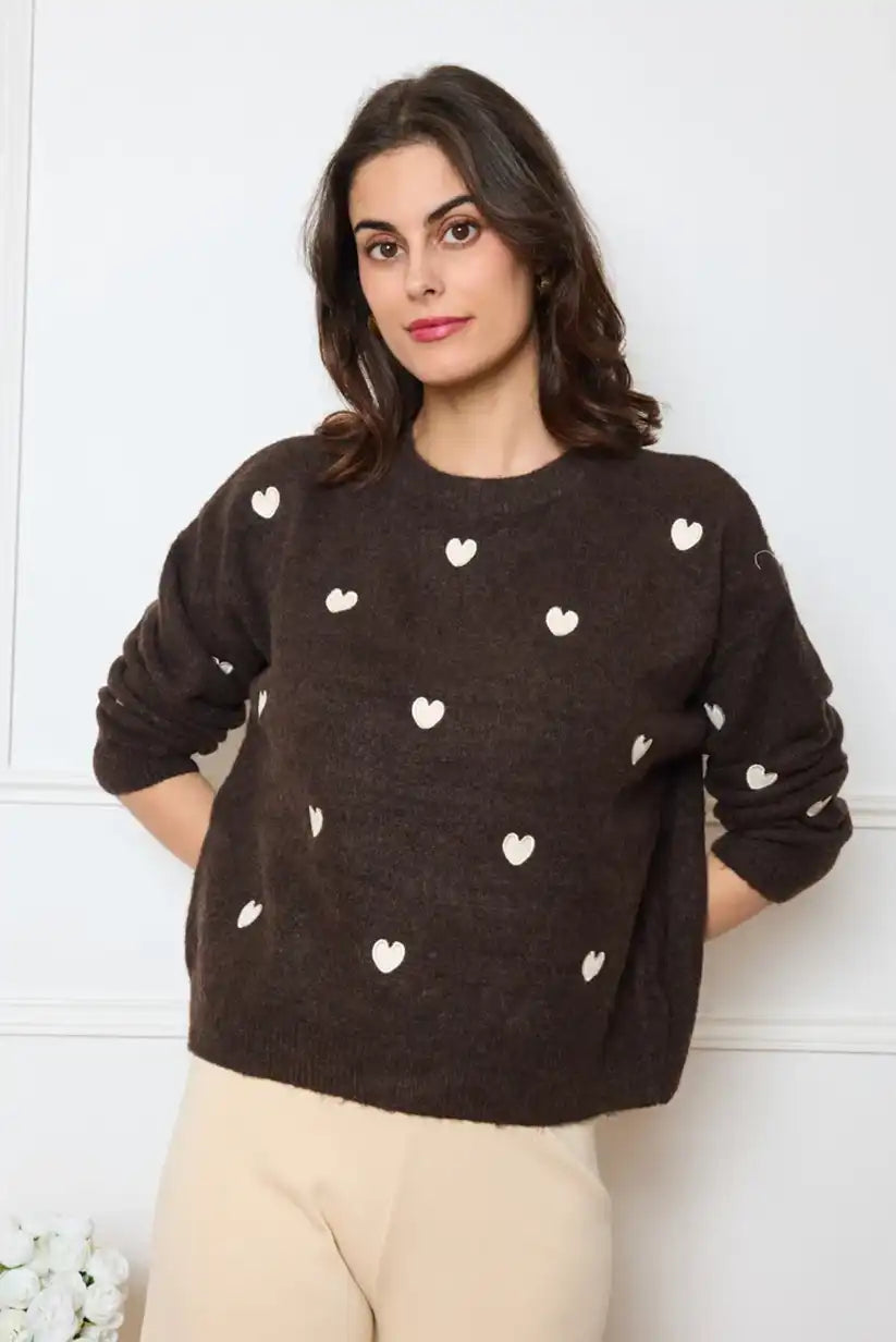 Jersey mujer Marrón chocolate con corazones beige - CHICA del Sur