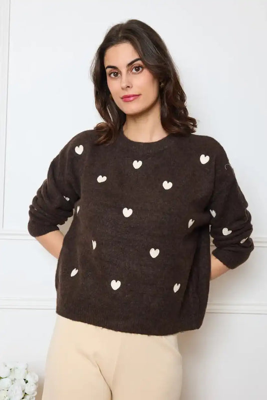 Jersey mujer Marrón chocolate con corazones beige - CHICA del Sur