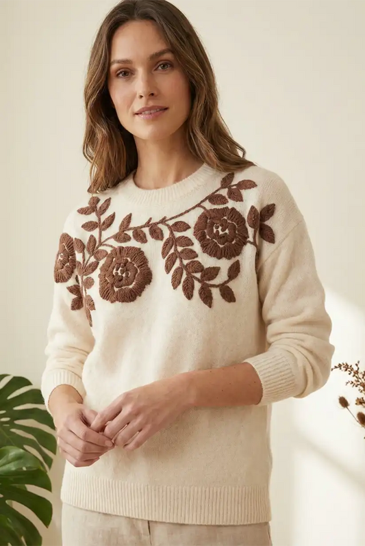 Jersey mujer beige flores bordadas marrón chocolate