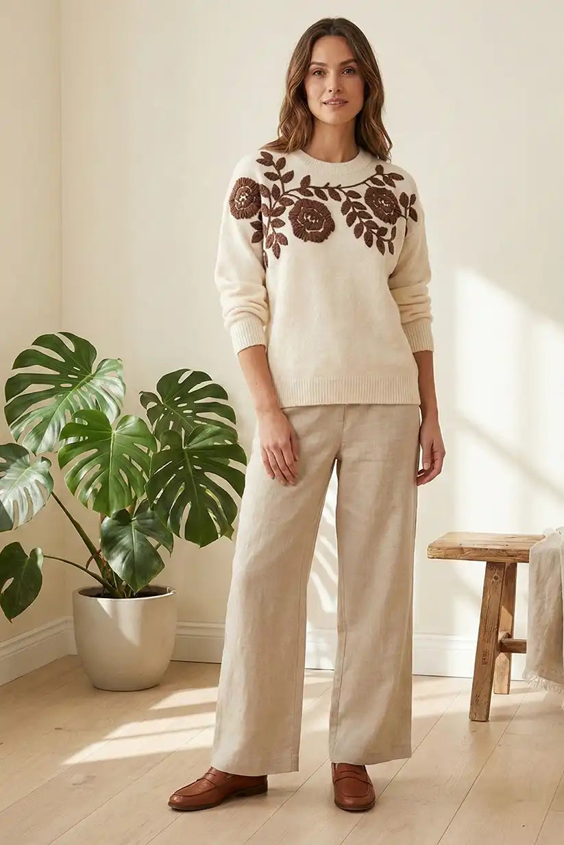 Jersey mujer beige flores bordadas marrón chocolate