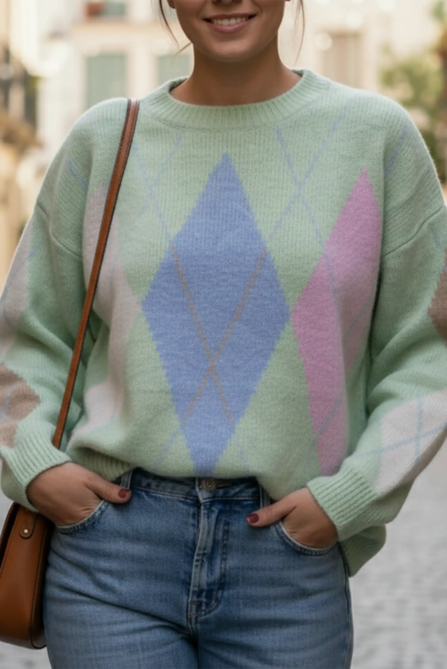 Jersey mujer rombos verde azul rosa casual, moda CHICA del Sur, estilo primaveral urbano