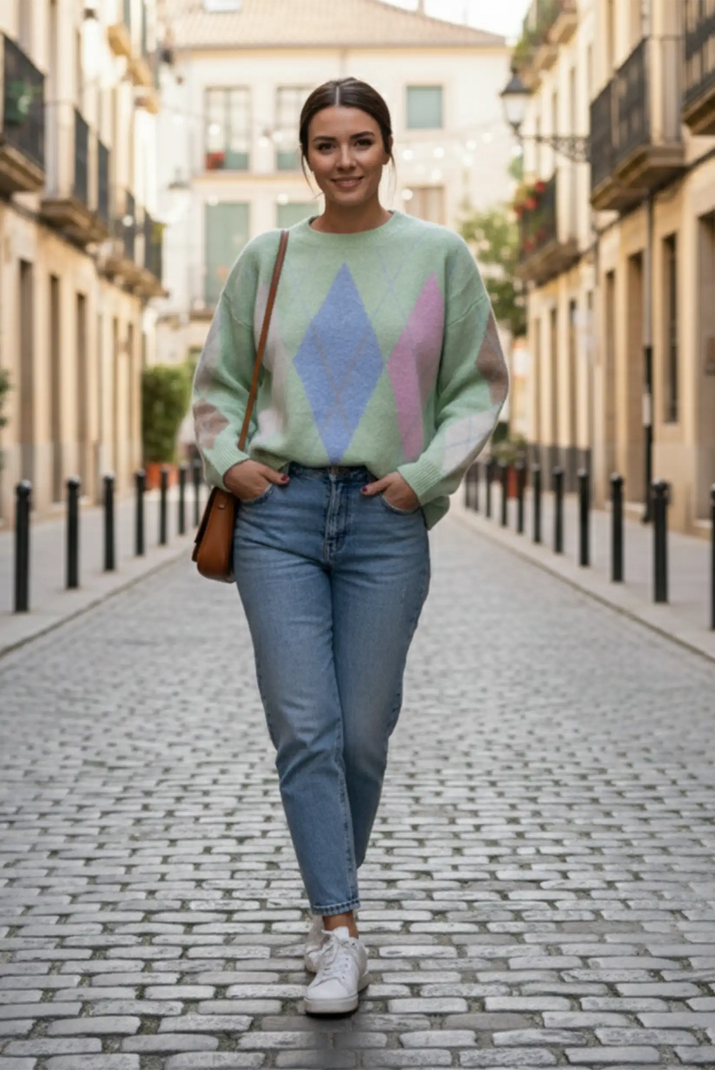 Mujer con jersey de rombos verde azul y rosa, jeans y bolso marrón en calle urbana, moda casual CHICA del Sur.