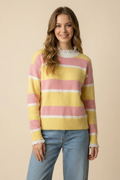 Jersey mujer rayas amarillo y coral, look casual CHICA del Sur, moda femenina primavera