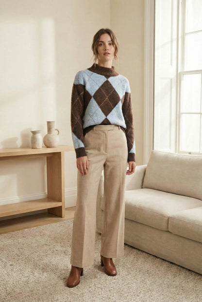 Mujer con jersey de rombos marrón y azul y pantalones beige en sala con sofá y mesa