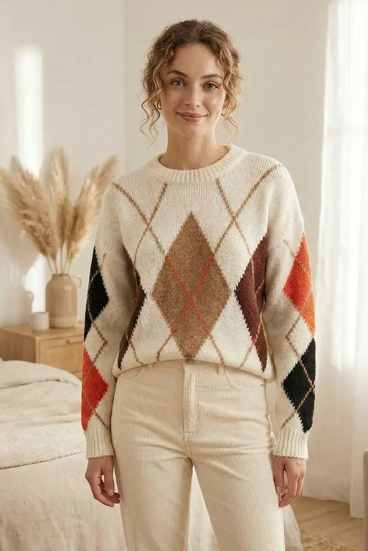 Jersey Beige Mujer Rombos Multicolor Cálido