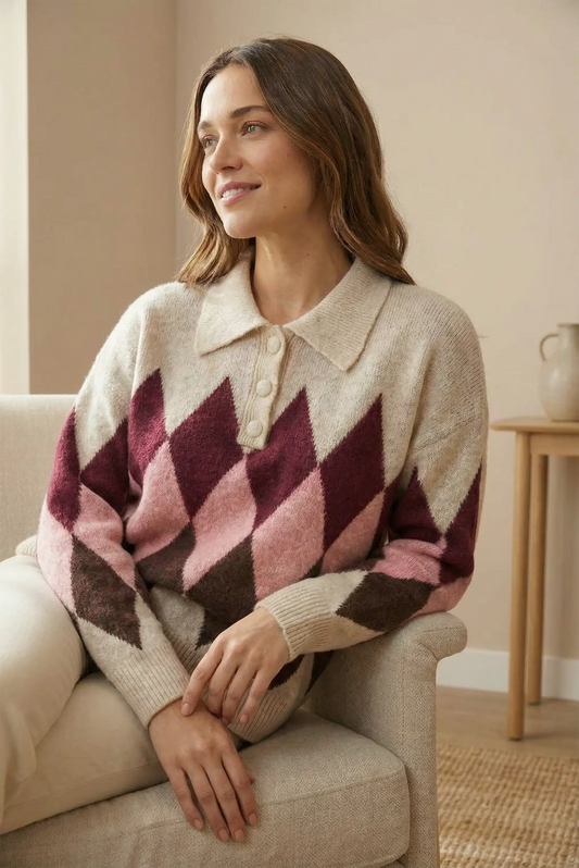 Mujer sentada con jersey de rombos rosa, marrón y beige, en ambiente minimalista interior