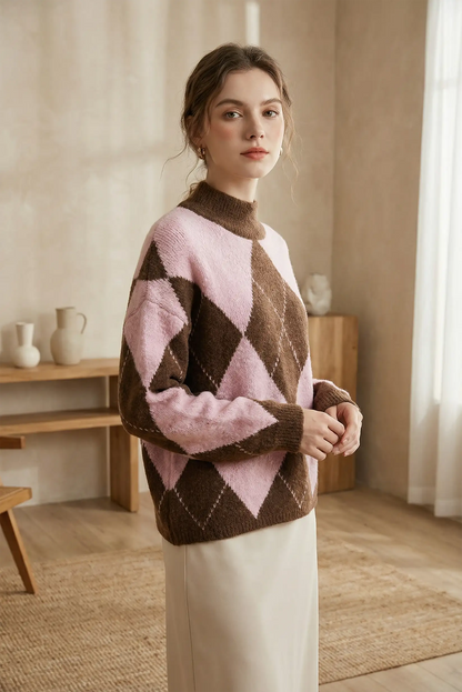 Mujer con jersey de rombos rosa y marrón de manga larga en ambiente cálido y minimalista