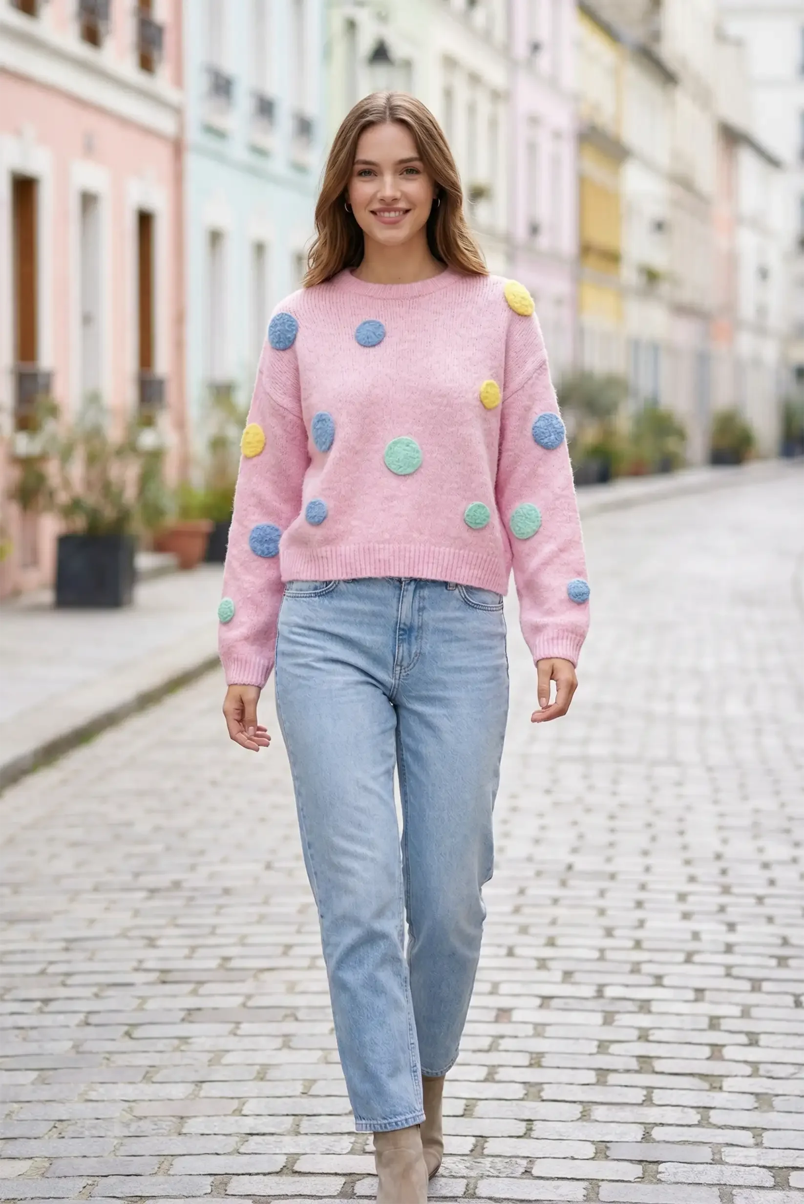Mujer con jersey rosa de colores y círculos, moda casual CHICA del Sur en calle urbana.