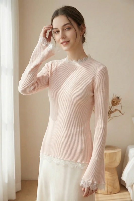 Jersey rosa de mujer con cuello y puños bordados de encaje, moda casual CHICA del Sur