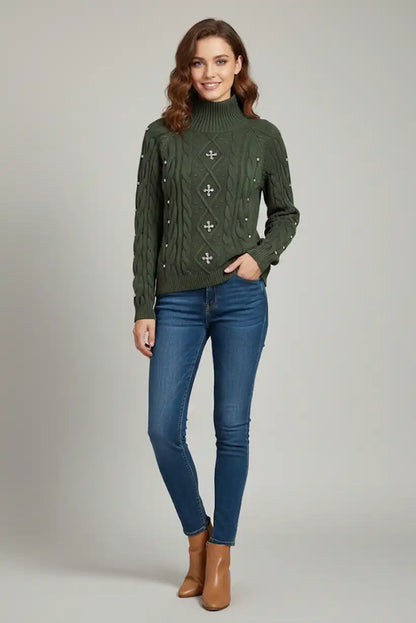 Jersey Mujer Verde Oliva Bordado Brillante Estilo Diamantes Elegante - CHICA del Sur
