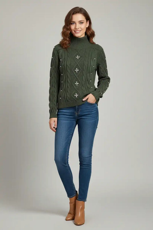 Jersey Mujer Verde Oliva Bordado Brillante Estilo Diamantes Elegante