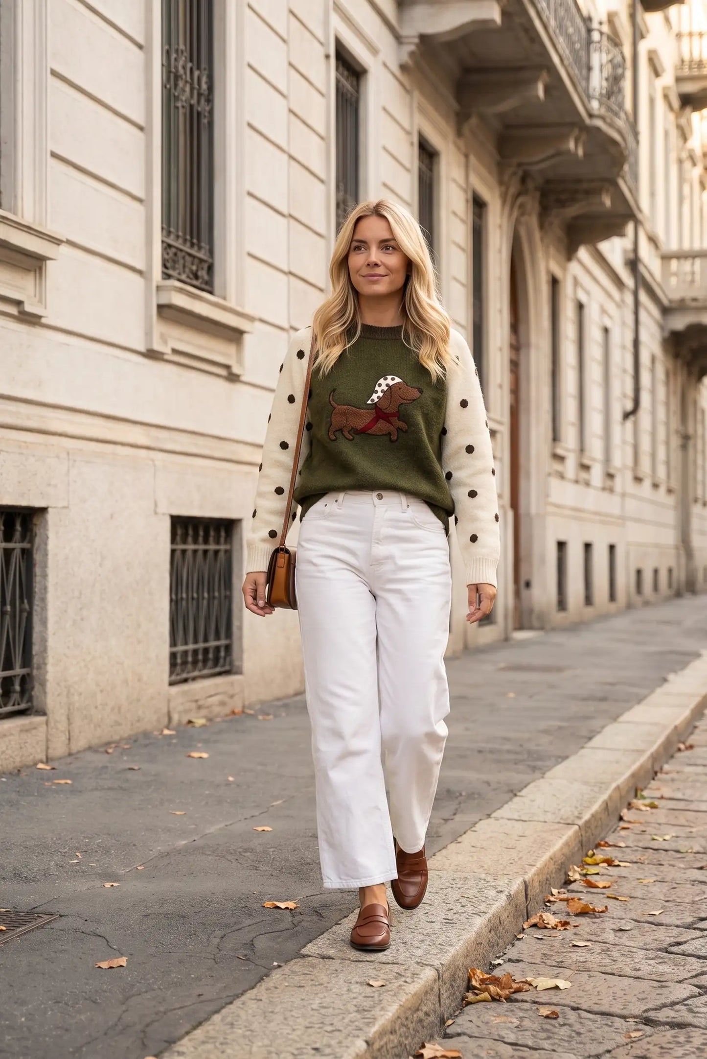 Mujer con jersey verde con perro, cárdigan de lunares y pantalones blancos en calle europea.