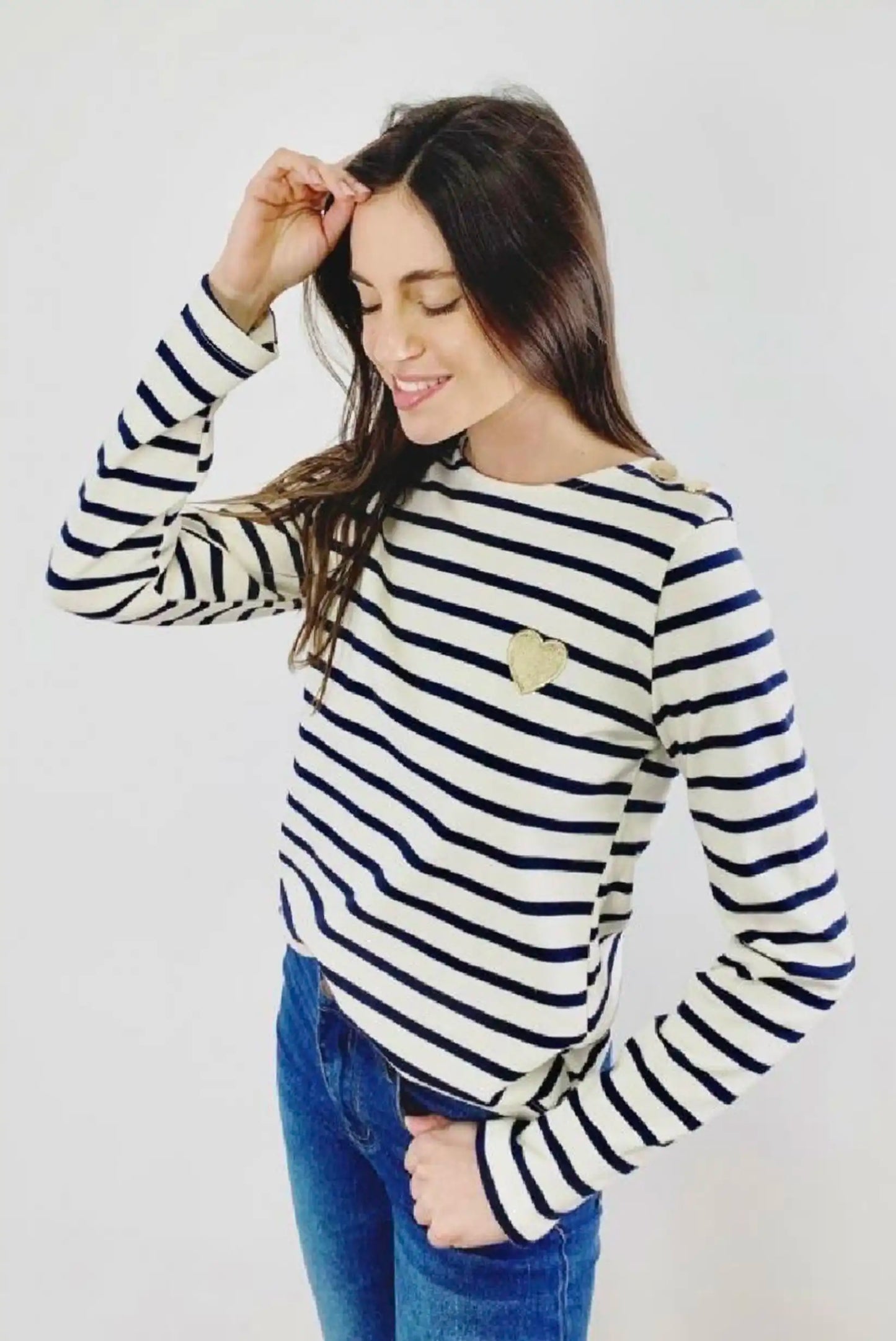 Jersey de mujer a rayas azul marino con corazón dorado, moda casual CHICA del Sur