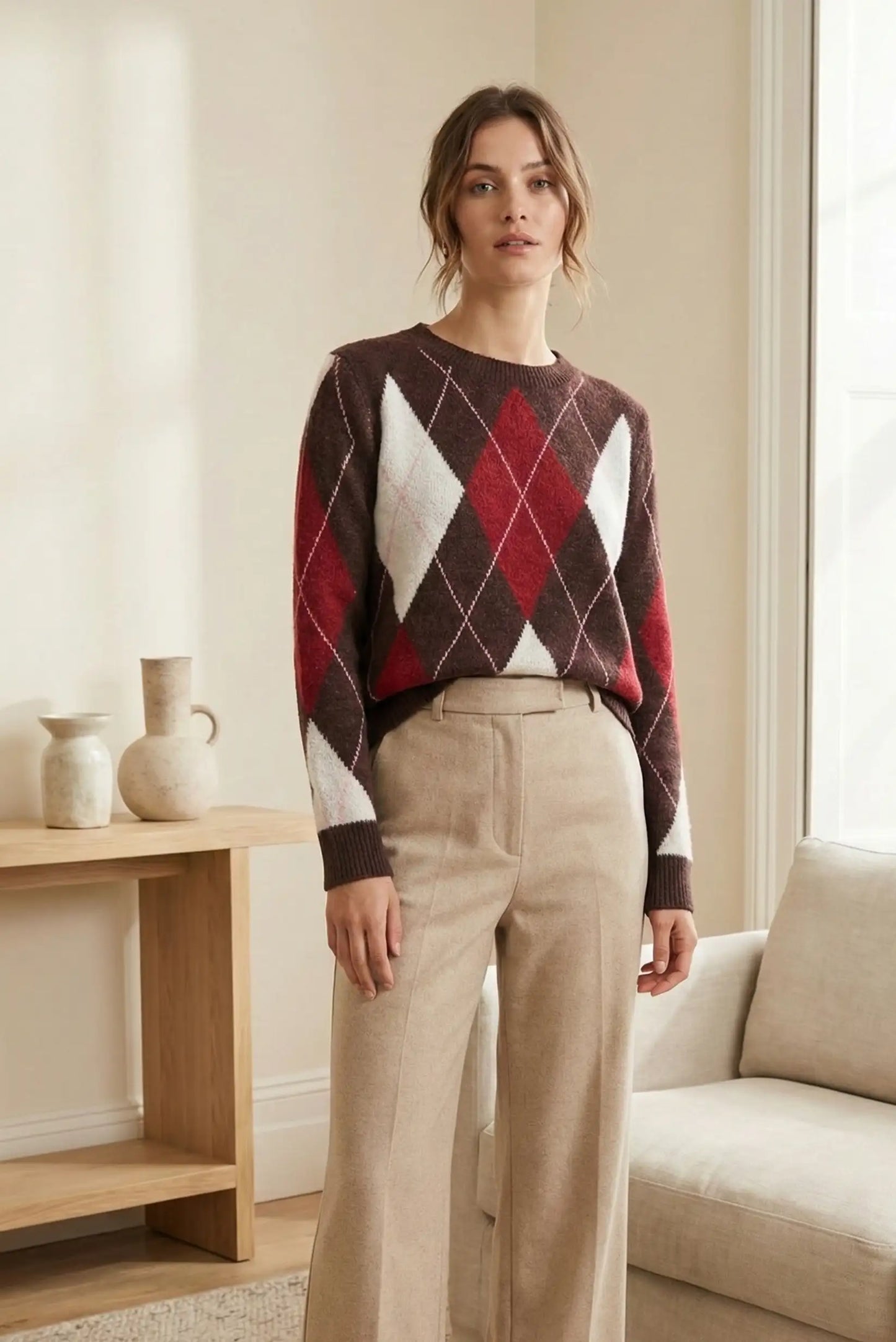 Mujer con jersey de rombos marrón, rojo y blanco, pantalones beige, en sala minimalista