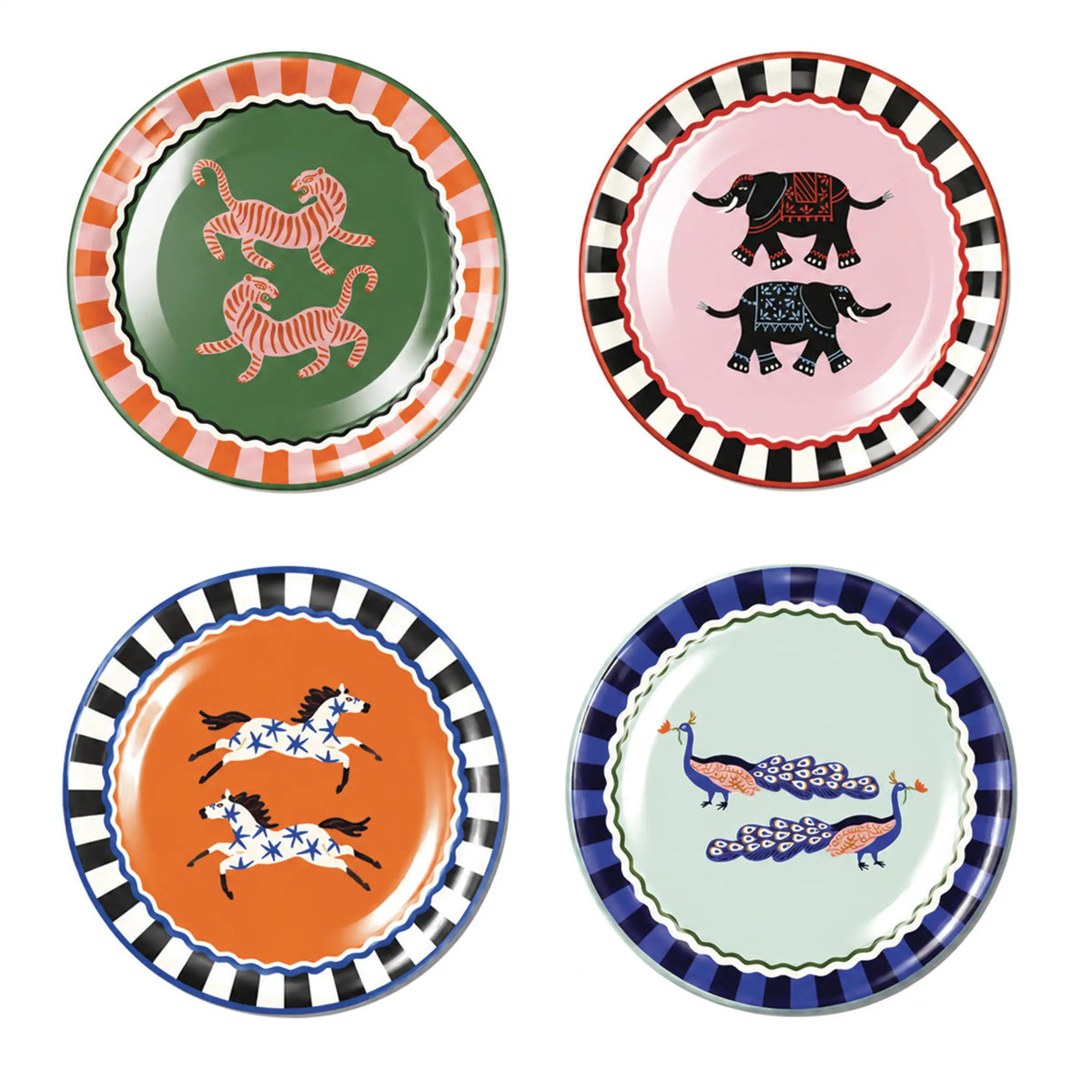 Juego de platos colección A Dopo Tigre, Elefantes, Caballos y Pavo Real