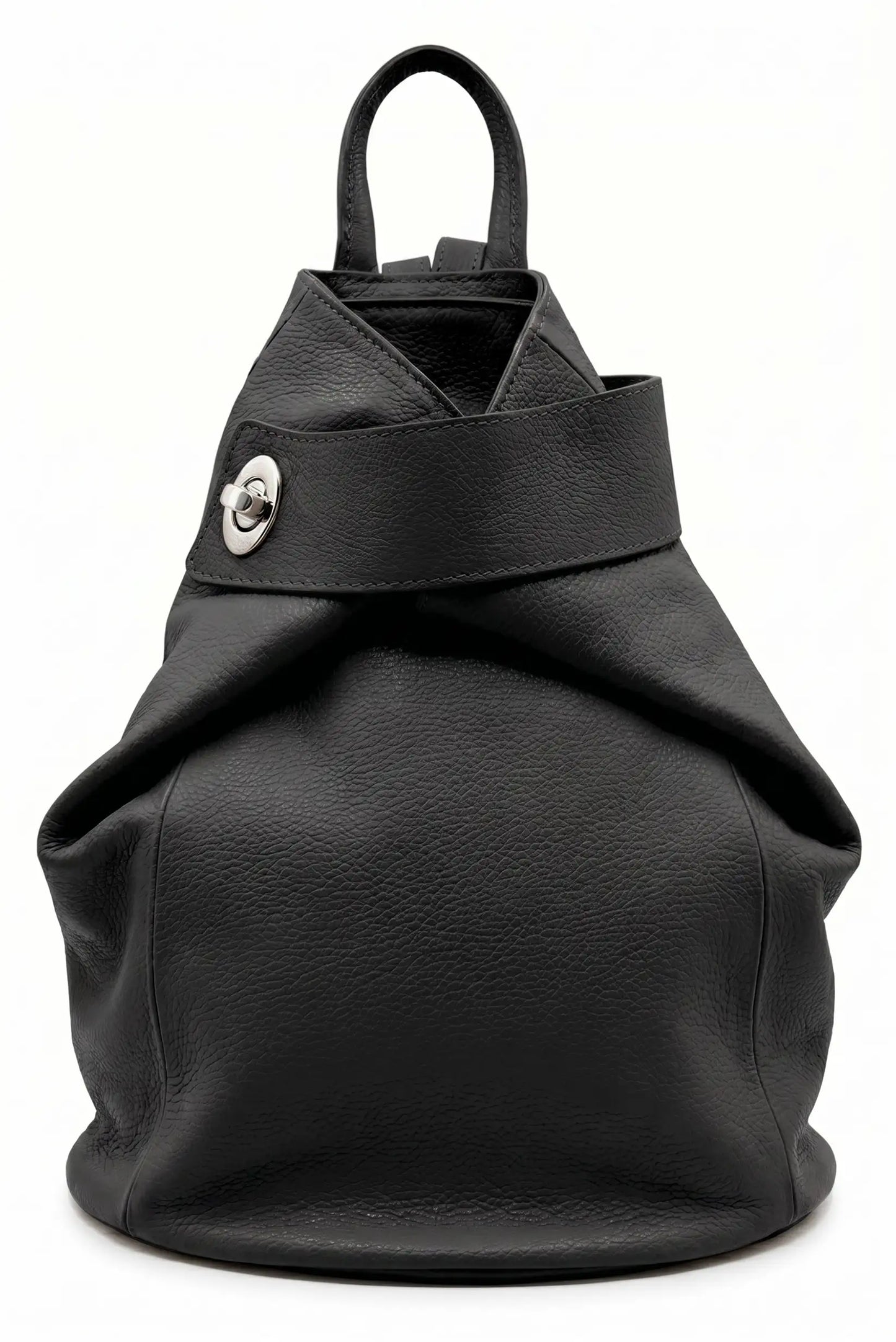 Mochila grande negra de cuero para mujer, diseño urbano y asa superior, cierre metálico plateado