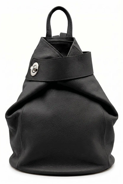Mochila grande negra de cuero para mujer, diseño urbano y asa superior, cierre metálico plateado