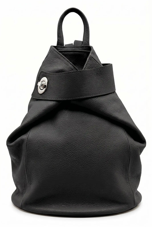 Mochila grande negra de cuero para mujer, diseño urbano y asa superior, cierre metálico plateado