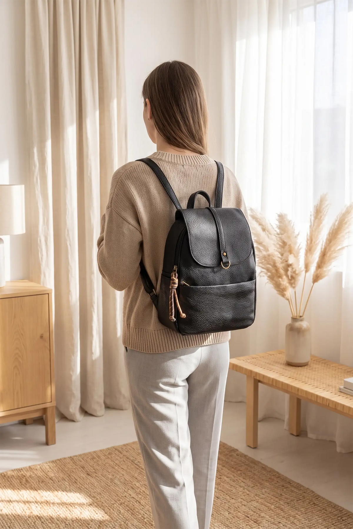 Mujer de espaldas con mochila de cuero negro, jersey beige y pantalones blancos.
