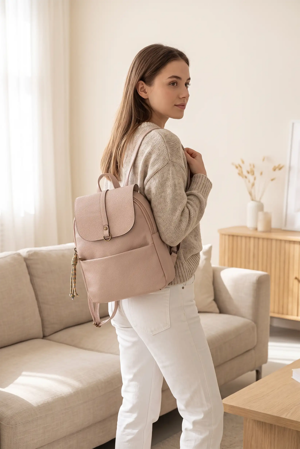 Mujer joven con jersey beige y pantalones blancos llevando una mochila rosa palo