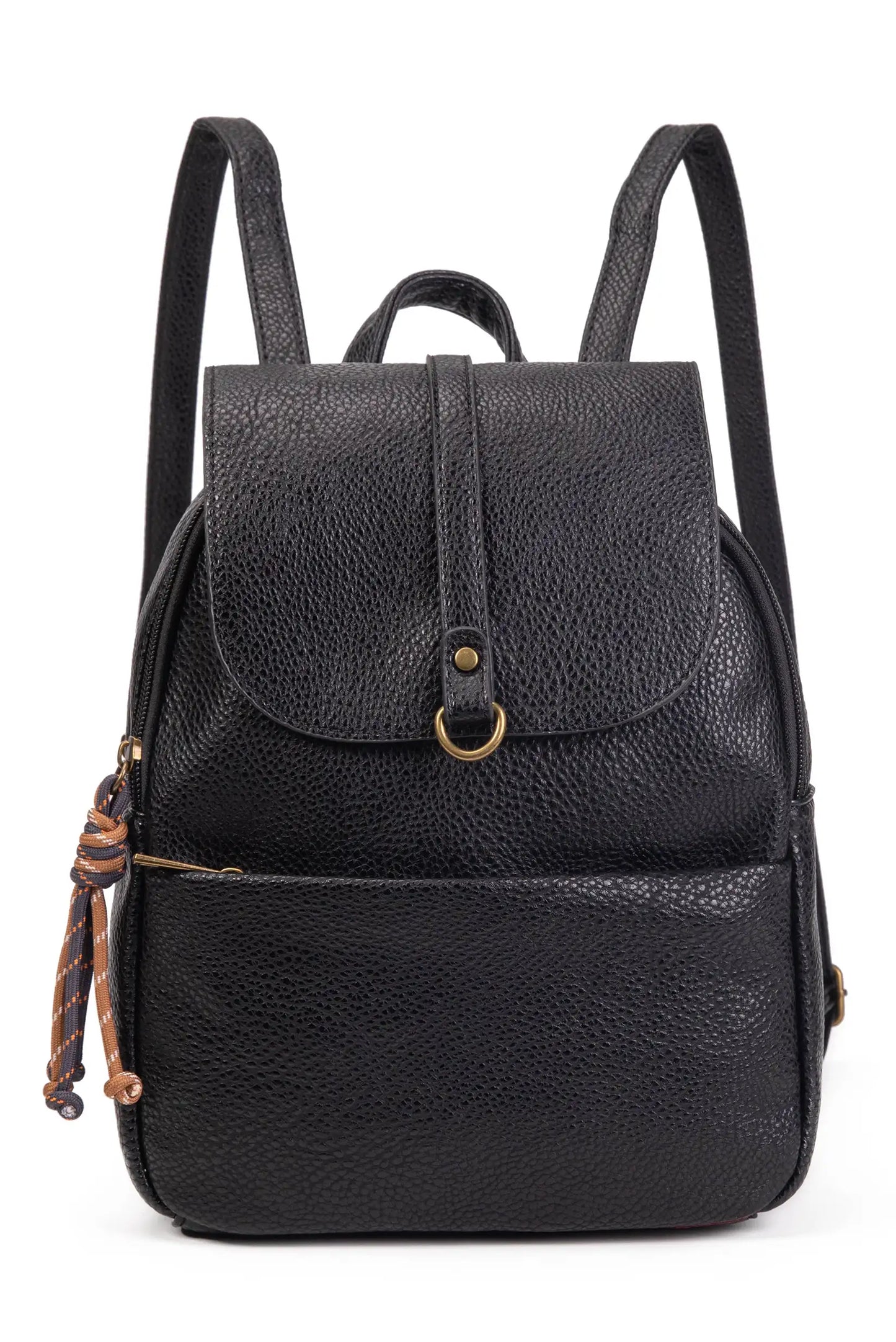 Mochila negra de piel con textura, detalles dorados y cordón decorativo. Ideal para moda femenina y complementos.