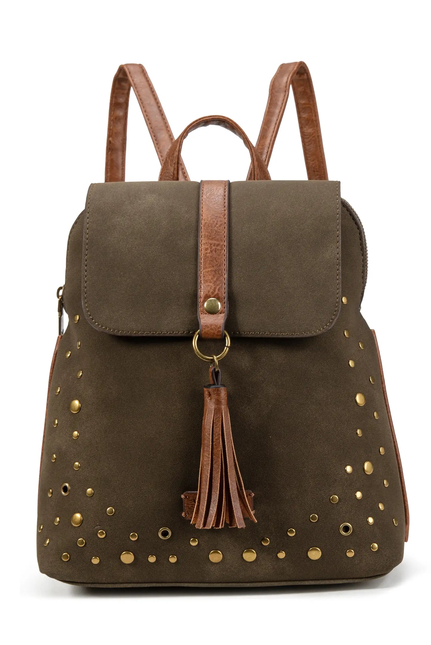 Mochila mujer verde oliva con tachuelas doradas y borla, ideal para moda femenina y complementos