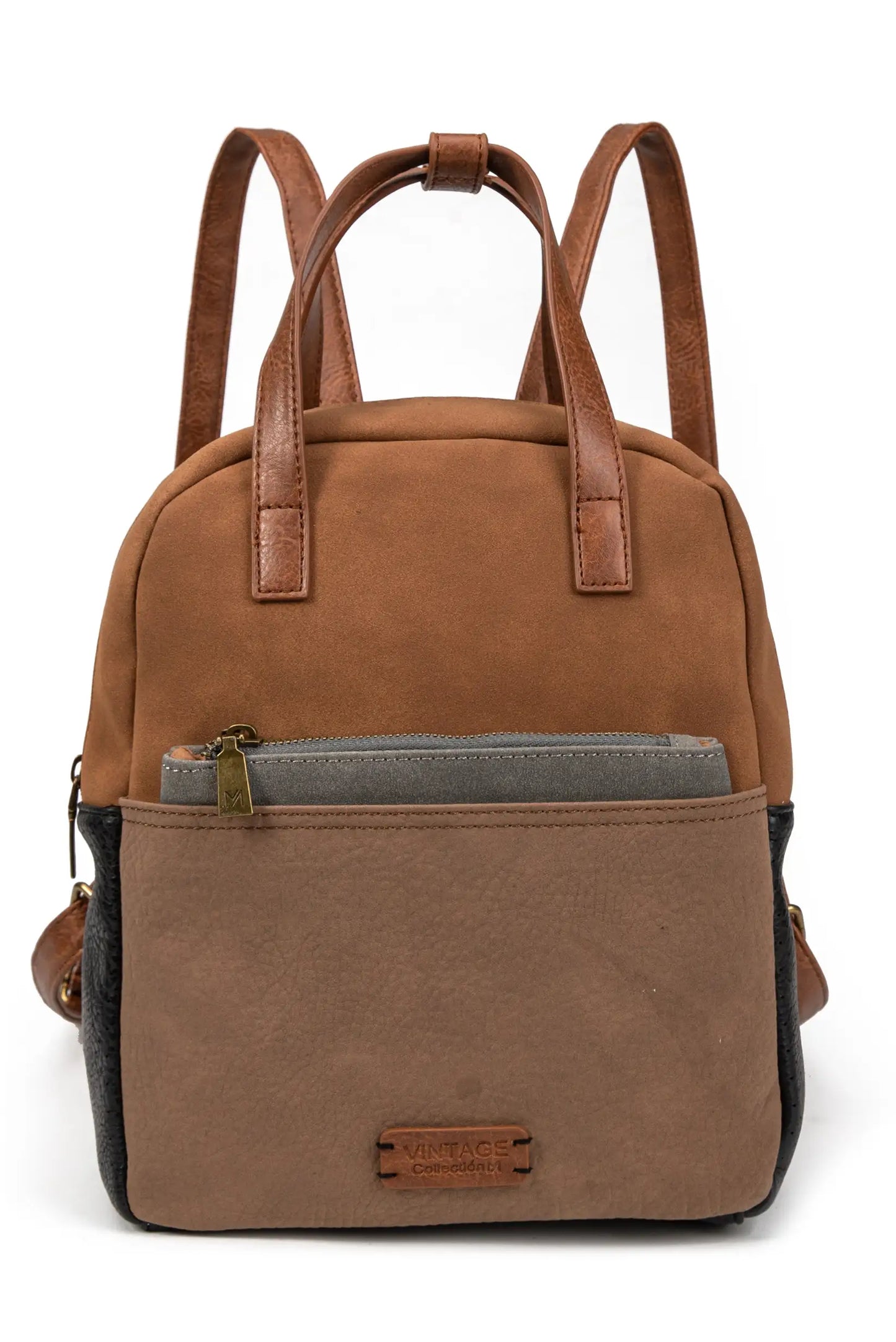 Mochila marrón vintage con asas y bolsillo frontal, ideal para mujer