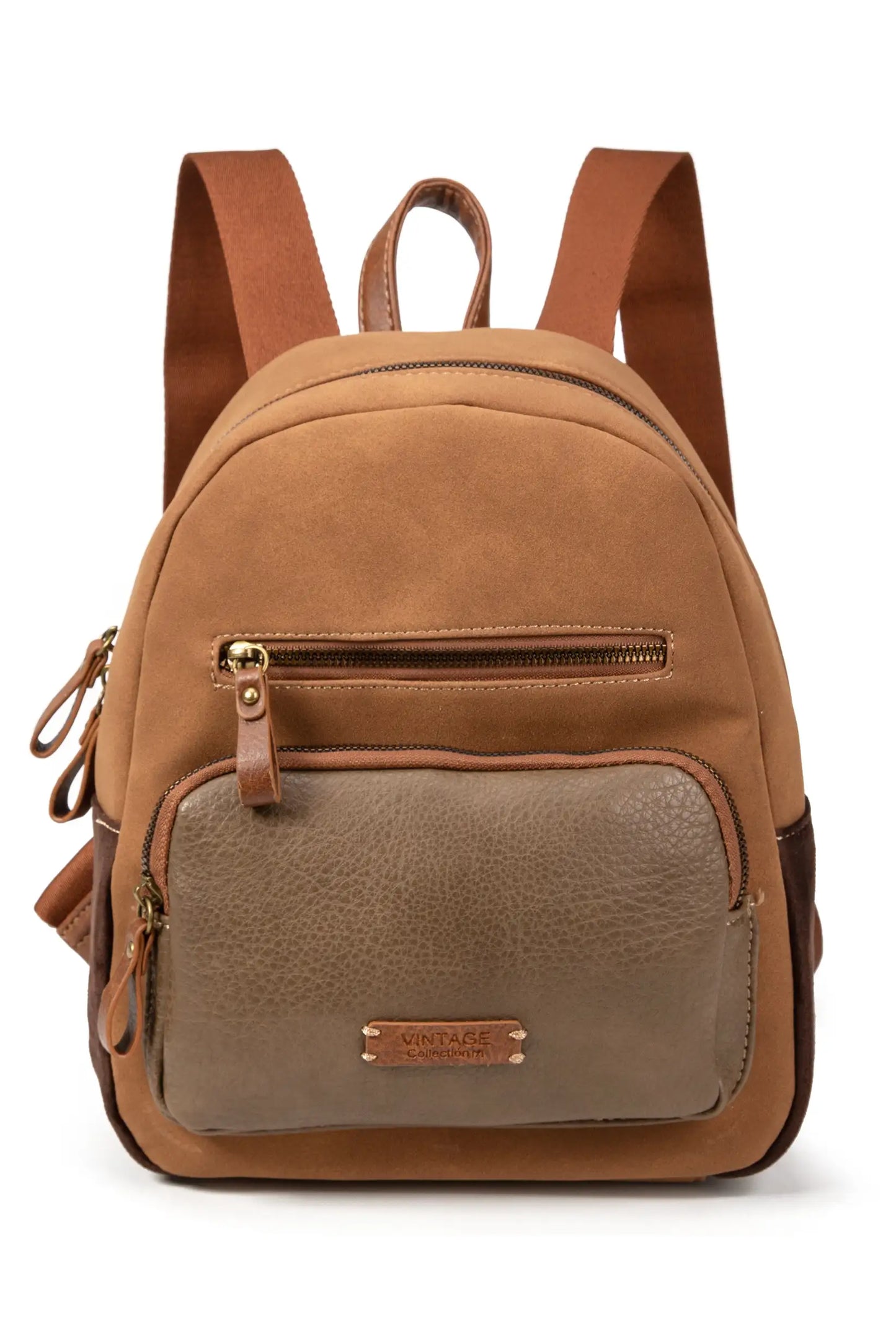 Mochila marrón vintage con detalles en piel, ideal para mujer, con múltiples bolsillos y cierre de cremallera