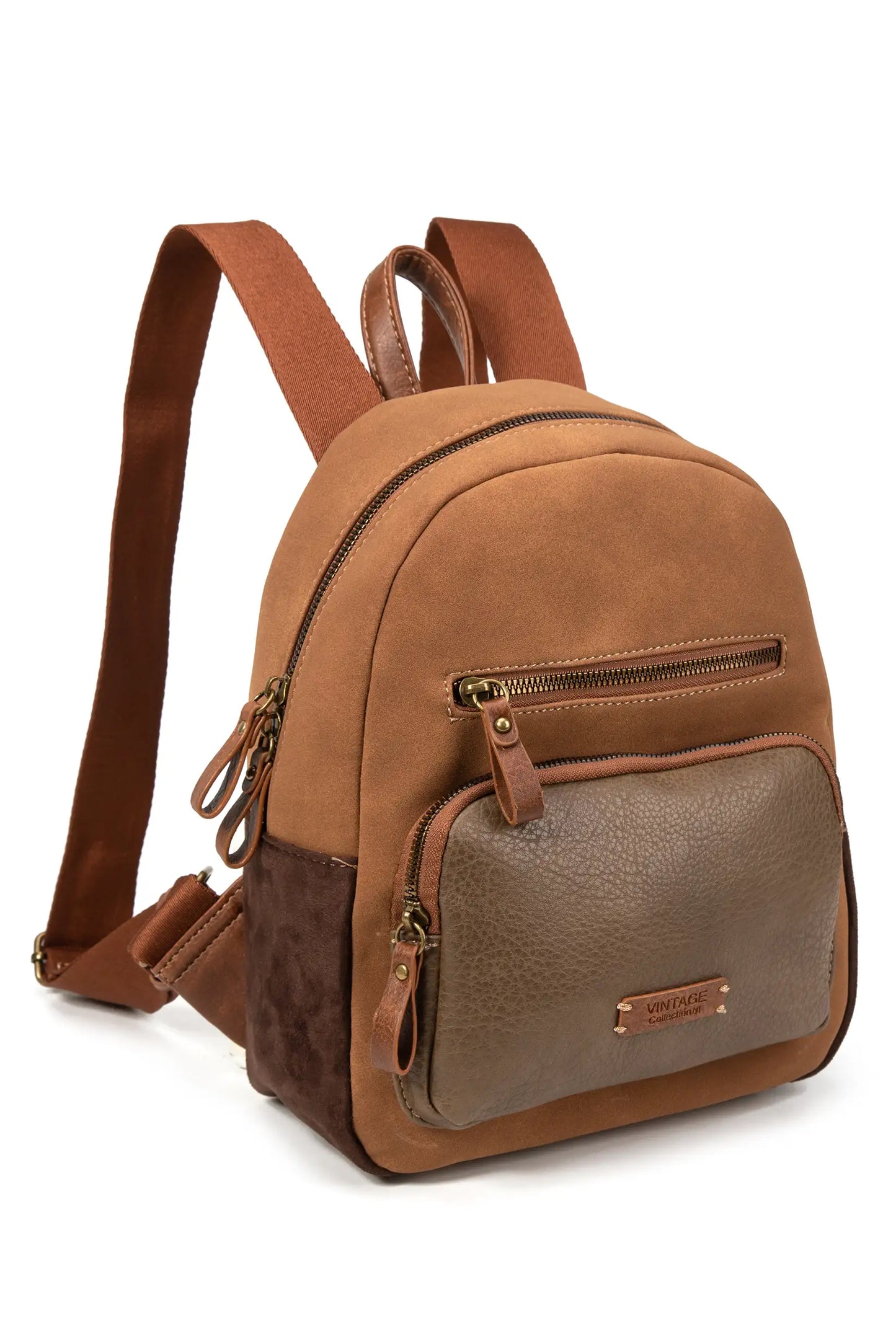 Mochila marrón vintage con múltiples bolsillos y detalles en cuero