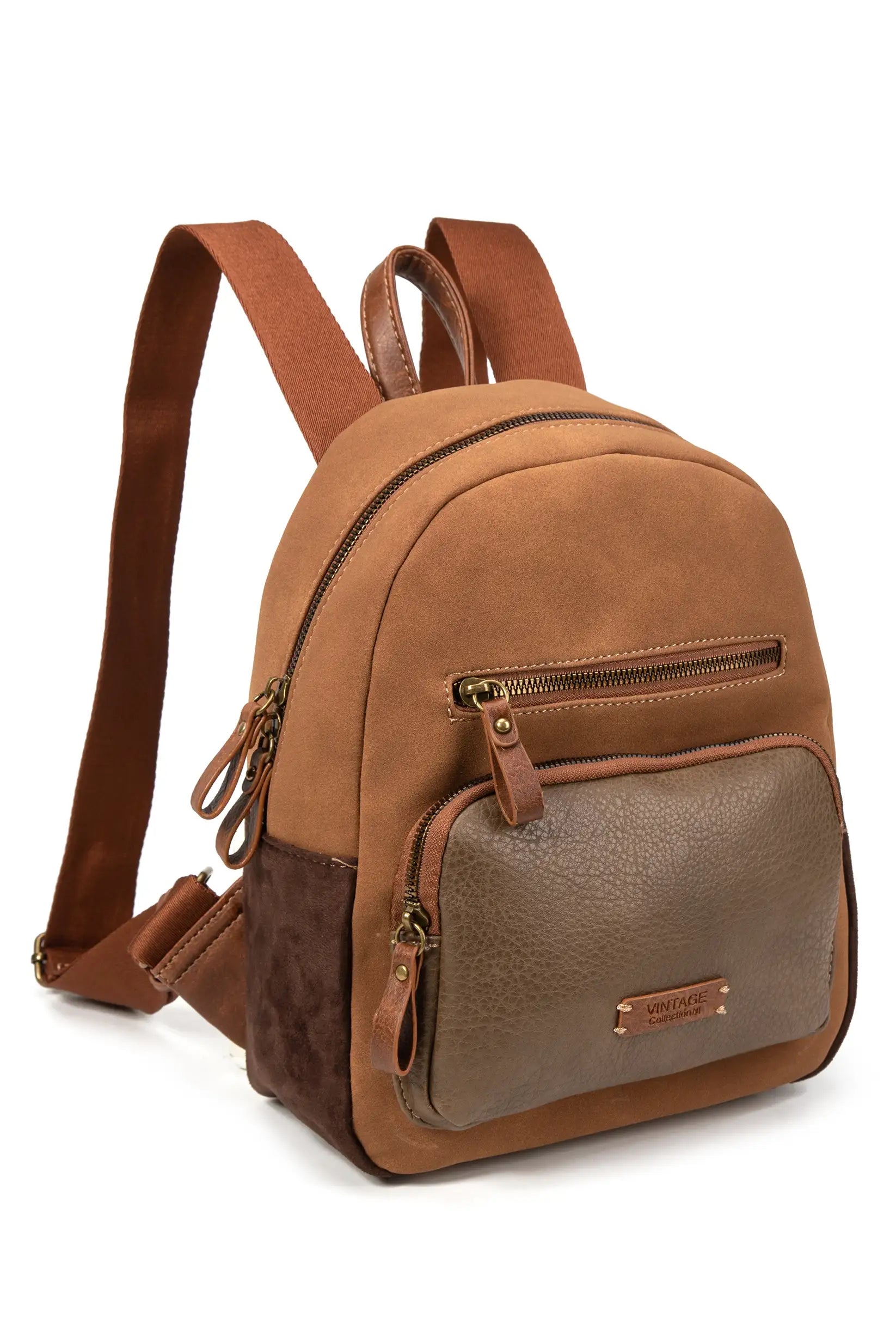 Mochila marrón vintage con múltiples bolsillos y detalles en cuero