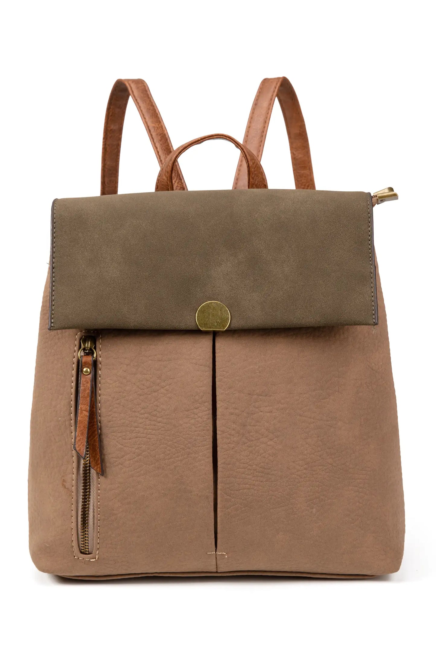 Mochila mujer en tonos marrones y verde oliva, con cierre metálico y bolsillo frontal. Ideal para moda femenina y complementos.
