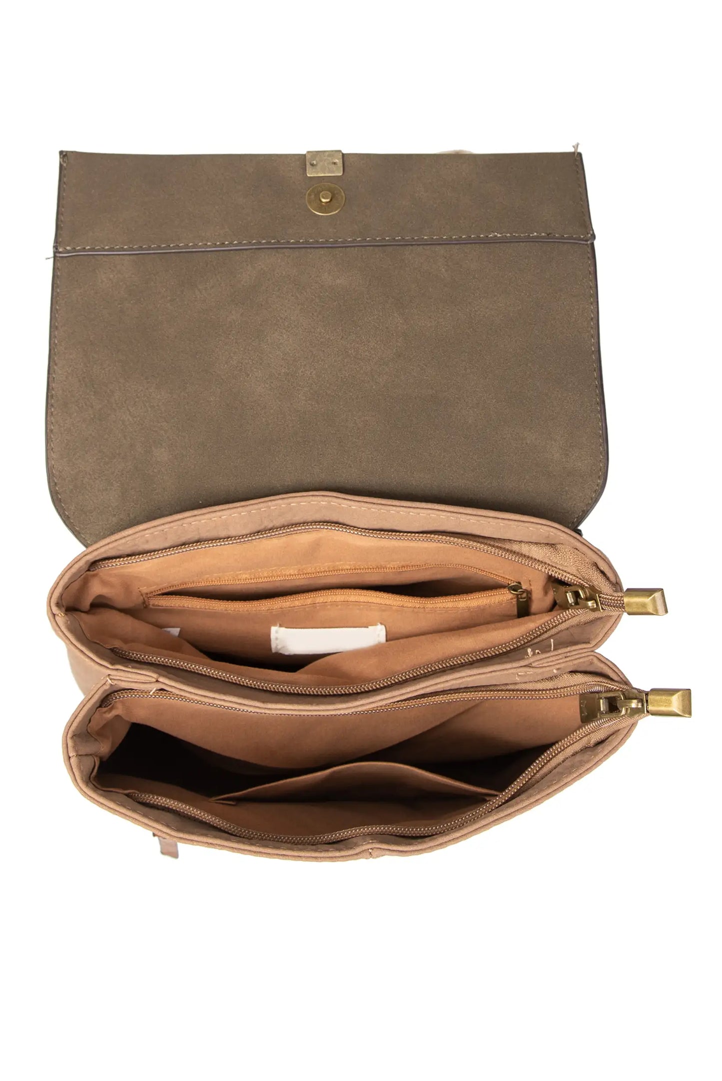 Bolso mujer marrón con interior organizado y cremalleras, ideal para moda femenina y complementos