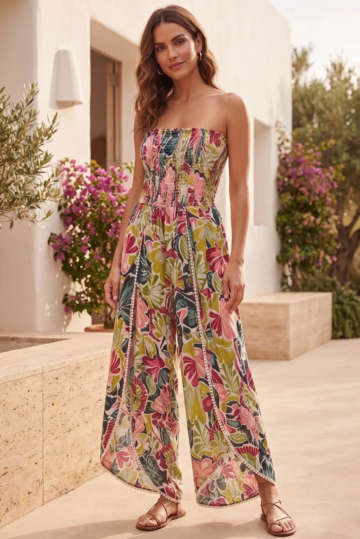 Vestido floral sin tirantes con estampado vibrante y detalles de pompones, ideal para verano